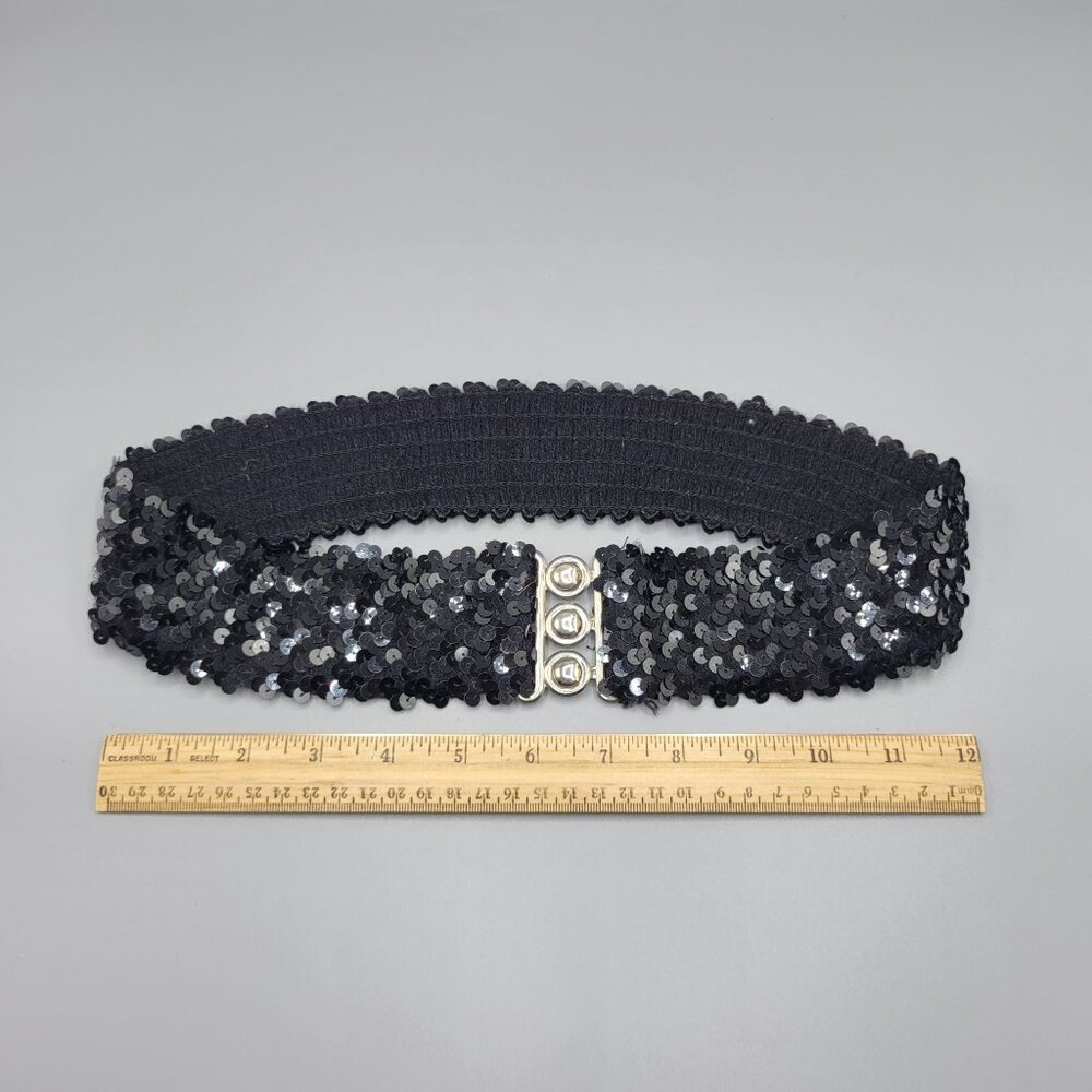 Vintage Black Sequin Elastic Stretch Belt Metal Clasp Closure Clubwear - Picture 6 of 6